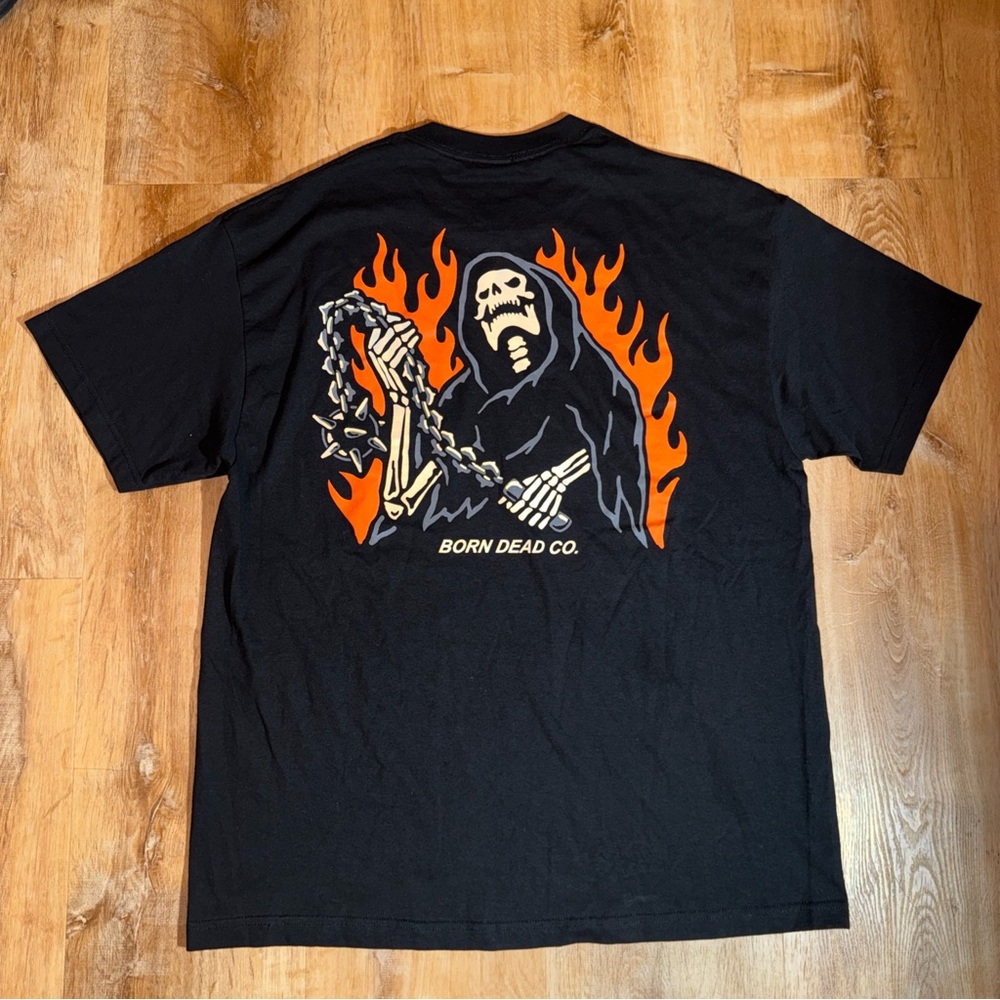 Grim Reaper Death Chain Ball Skater Skull Flames Tee Size XL Born Dead Co NWOT